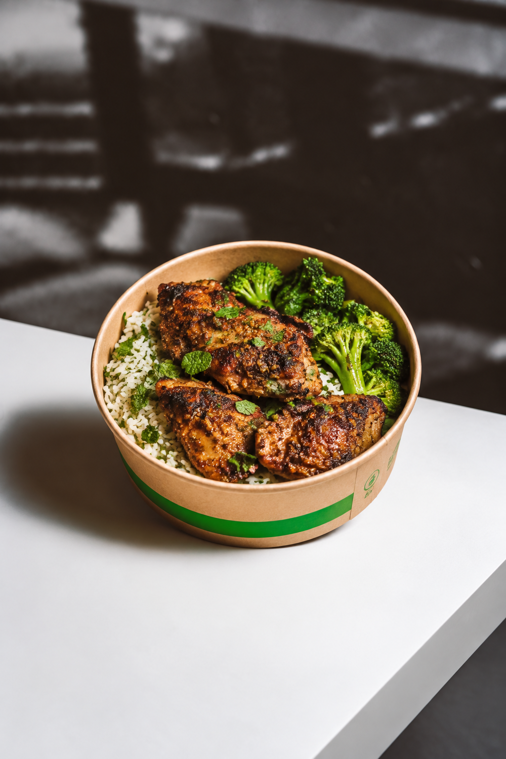 Blackened Yogurt-Marinated Chicken Thighs with Mint & Parsley Jasmine Rice & Steamed Broccoli