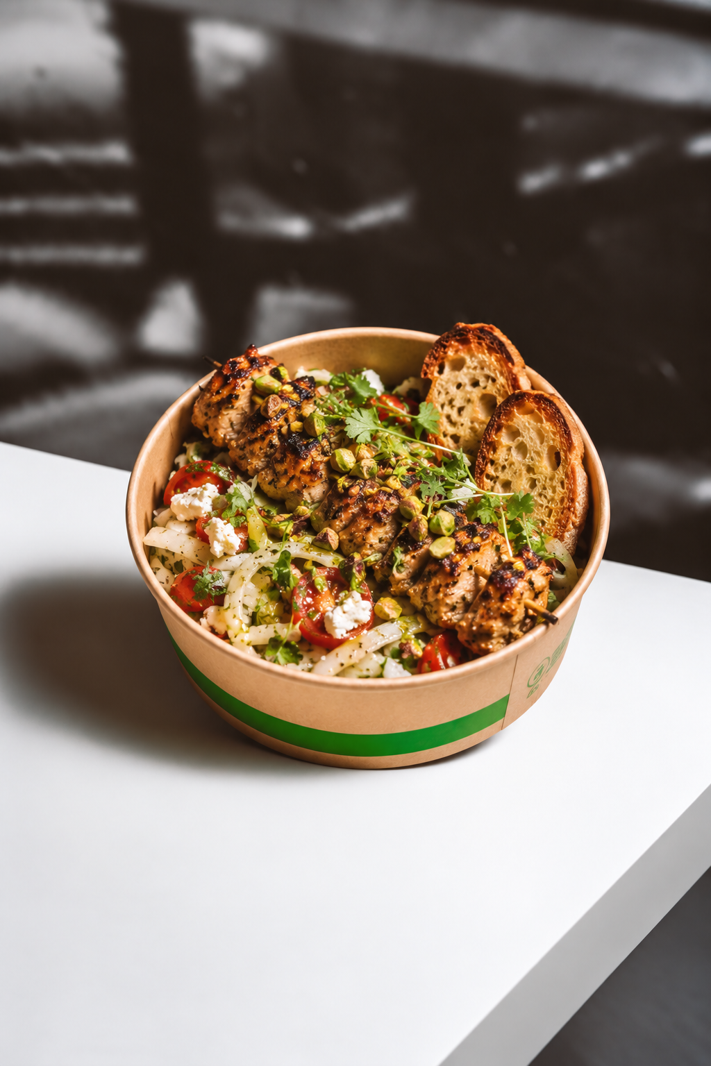 Grilled Chicken Kebab over Fennel Tomato Feta Salad with Pistachios, Cilantro Microgreens & Sourdough Crostini
