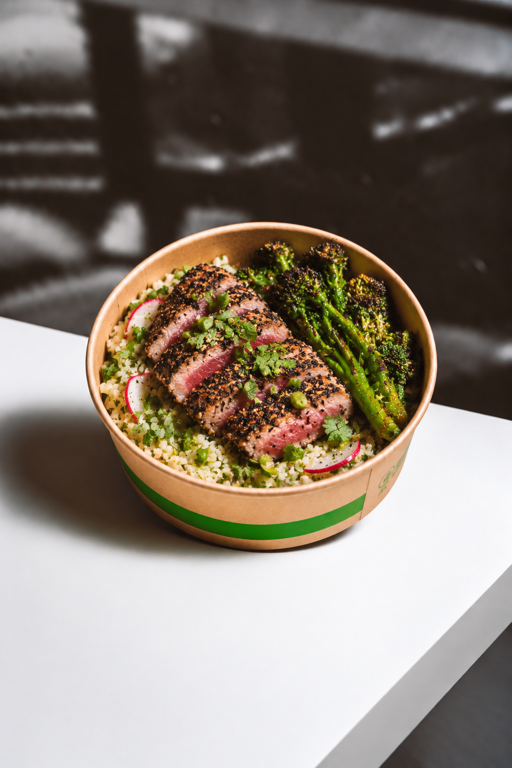 Black Sesame Crusted Tuna Steak over Cauliflower Green Onion Cilantro Radish Rice with Crispy Broccolini
