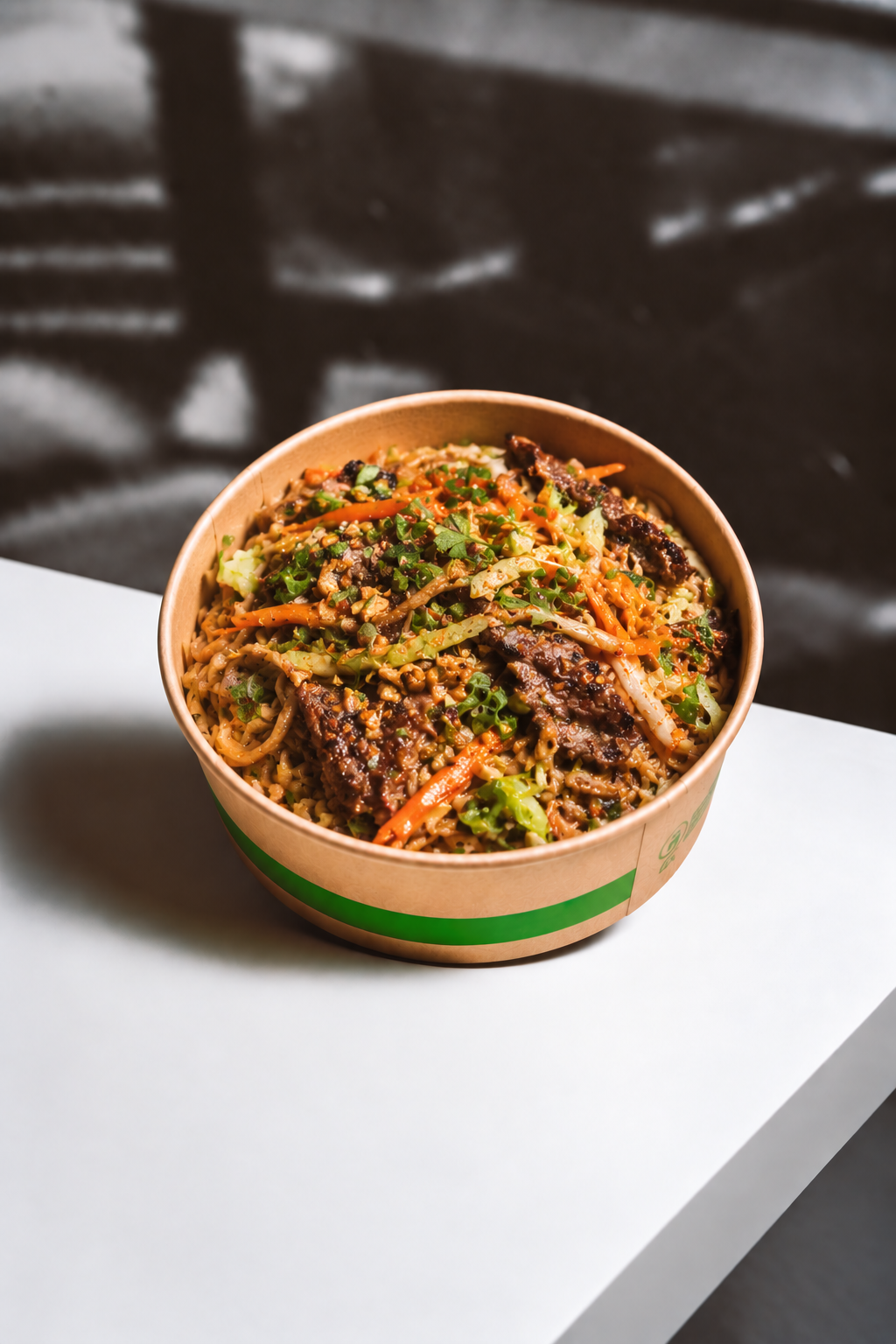 Buckwheat Peanut Noodles with Shredded Sirloin Steak, Carrot, Green Cabbage & Green Onion Sauté