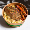 Beef & Shredded Carrot Meatloaf with Roasted Carrots in Beef Fat over Buttery Mashed Potatoes