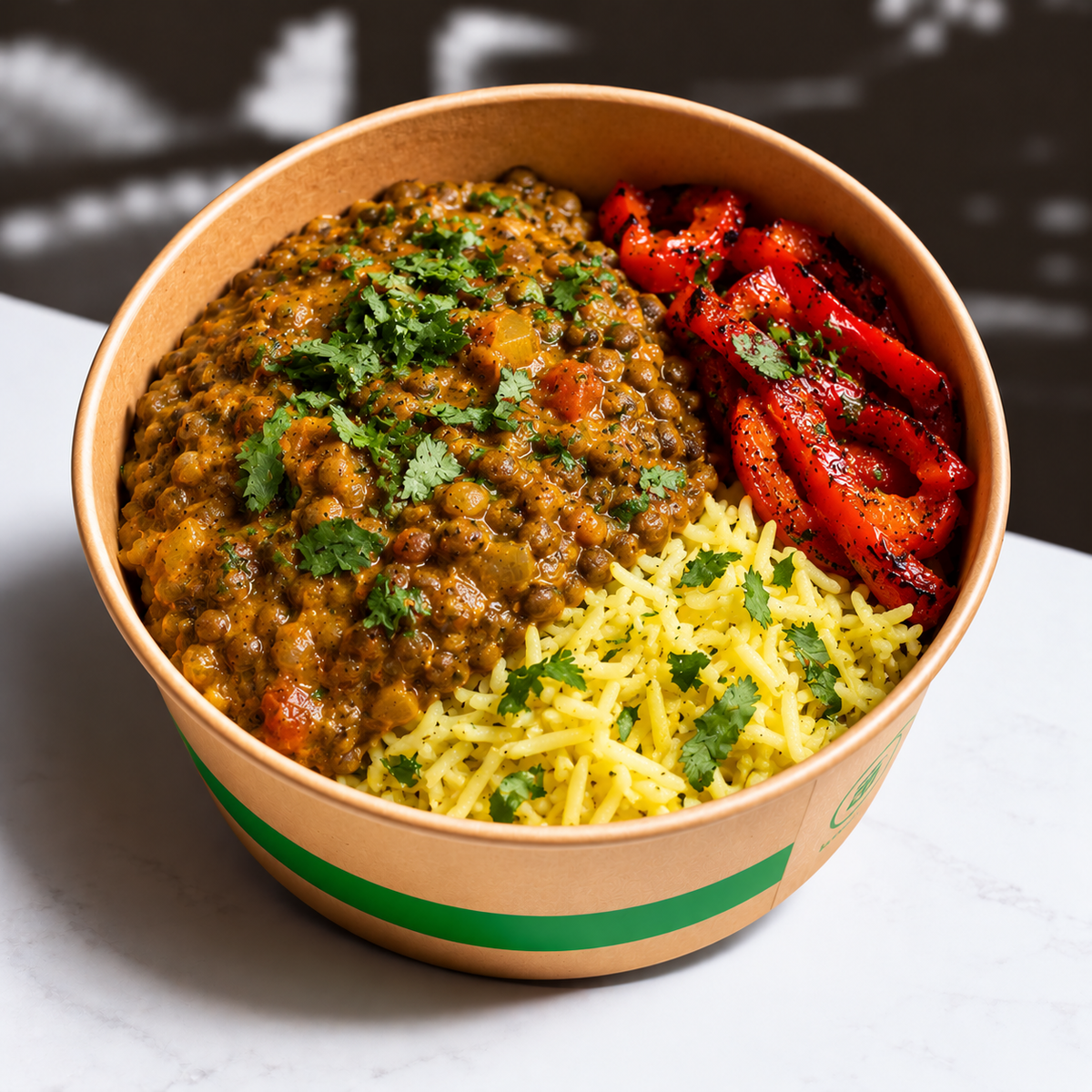 Lentil Daal over Cilantro Turmeric Basmati Rice with Freshly Roasted Red Peppers